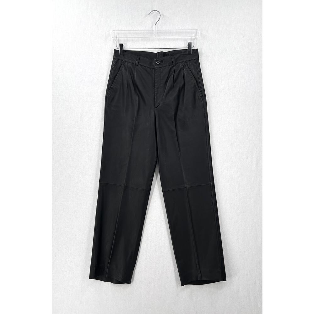 VINTAGE Pleated Leather Pants Women S 4 Black High Rise Straight Leg Italy 80s